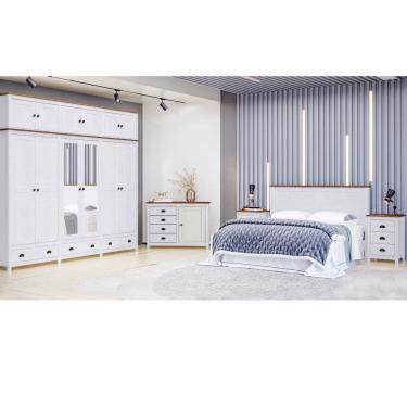 Imagem de Conjunto Quarto Branco Topázio: Guarda-Roupa 12 Portas, Cômoda, Cabeceira e 2 Mesas de...