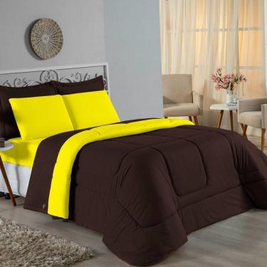 Imagem de Edredom Solteiro Nobre 1 Peça Dupla Face 1,60m X 2,40m Malha 100% Algodão - Marrom / Amarelo