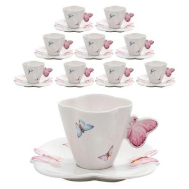 Imagem de Jogo 10 Xicaras De Chá Porcelana Com Pires Borboletas 200ml Wolff