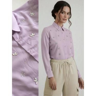 Imagem de Camisa Social Feminina com Strass Variados Furta-cor Lilás Blusa de Lu