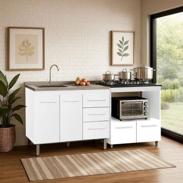 Imagem de Kit Balcão Para Pia 120cm Bianca + Balcão Para Cooktop 5 Bocas Elisa - Branco