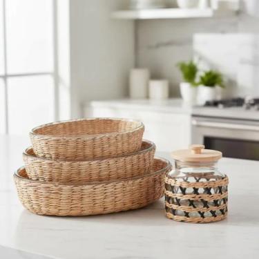 Imagem de Travessa e Assadeira Refratárias Ovais 4un Vidro com Suporte de Rattan