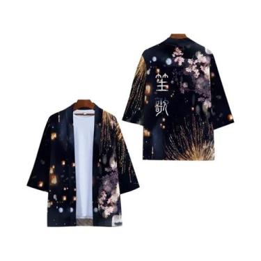 Imagem de Kimono Unissex Preto E Branco Cosplay Samurai Cardigan Yukata Fantasia