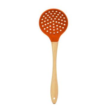 Imagem de Escumadeira Cabo Madeira Nature Coral 32Cm Silicone - Mai Home