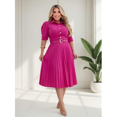 Imagem de Vestido Plissado Neocrepe Midi Feminino Terra Prometida, Rosa, Chiclet