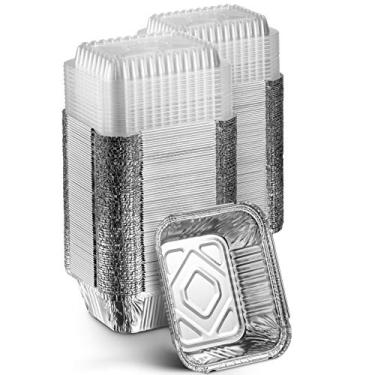 Imagem de Almofadas de estanho Oblong com tampas plásticas transparentes – Alumínio descartável seguro para freezer e forno – para assar, cozinhar, armazenar e reaquecer – por MontoPack, Aluminum Foil - Silver, 1LB, 100