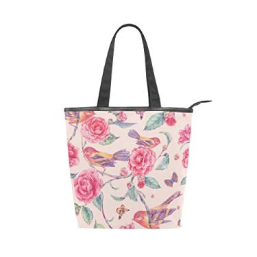 Imagem de Bolsa feminina de lona durável, floral, aquarela, pássaros, rosa, grande capacidade, sacola de compras
