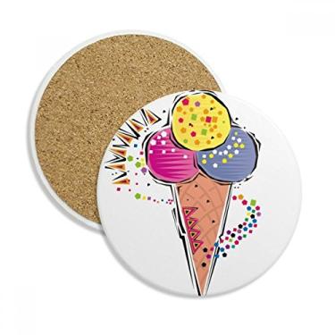 Imagem de Caneca porta-copos de ilustração com elemento de bola de sorvete azul amarela vermelha com pedra absorvente de proteção de mesa