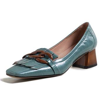Imagem de TinaCus Mocassins Femininos de Couro Genuíno Quadrados Artesanais Borlas Salto Grosso Retrô com Corrente, B Azul, 34