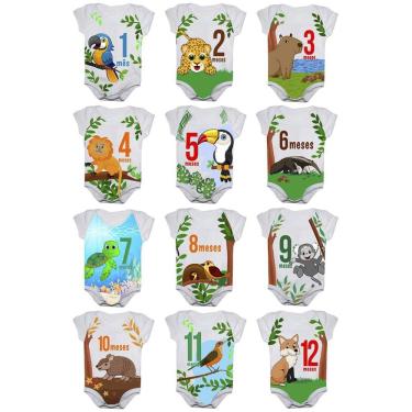 Imagem de Body de Bebê Mesversario Safari Fauna Brasileira Kit Com 12 Bodies de 1 a 12 Meses P ao GG