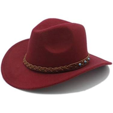 Imagem de Chapéus De Cowboy De Feltro Chapéu De Cowboy Ocidental Para Criança Aba Larga Trançado De Cowgirl Pulseira De Couro,Vinho,Um Tamanho,YUYANAIAI