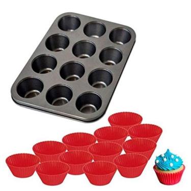 Imagem de Forma Assadeira de Aço Carbono Antiaderente para Cupcakes com 12 Cavidades + 12 Formas de Silicone