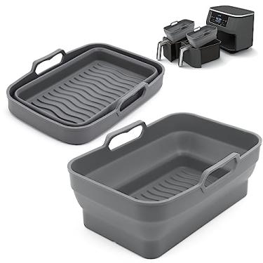 Imagem de Panela de silicone para fritadeira Air Fryer para Ninja Foodi Dual DZ090 6QT, 2 unidades reutilizáveis, tigela de substituição de silicone para fritadeira a ar, bandeja dobrável para acessórios de