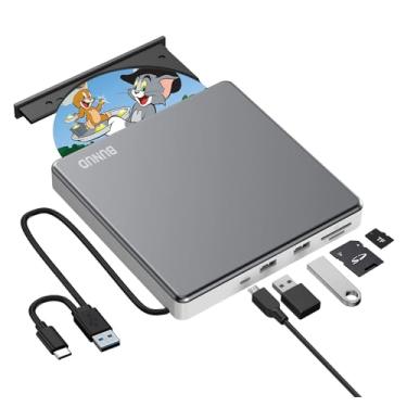 Imagem de Unidade externa de CD e DVD USB 3.0 Tipo C, gravador de CD/DVD ROM, leitor de disco óptico +/-RW com 2 compartimentos USB e TF/SD Slim Portable Writer Player para laptop, Mac, MacBook, Windows 11, 10, PC Linux OS