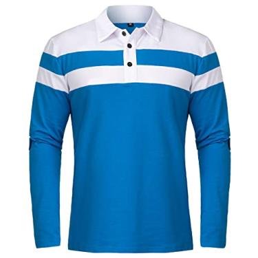 Imagem de NAVEKULL Camisa polo masculina manga longa algodão casual slim fit patchwork colarinho camisa, Azul, XG