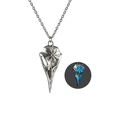 Imagem de Colares luminosos com pingente de caveira de corvo. Colar com pingente de caveira de pássaro gótico, colar viking, joias modernas, presentes para homens, melhores amigos, Metal, Liga metálica