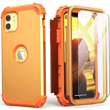 Imagem de IDweel Capa para iPhone 11 com protetor de tela (vidro temperado), híbrido 3 em 1 à prova de choque, ajuste fino, proteção resistente, capa de policarbonato rígido de silicone macio, capa de corpo inteiro, mostrador de sol amarelo/laranja