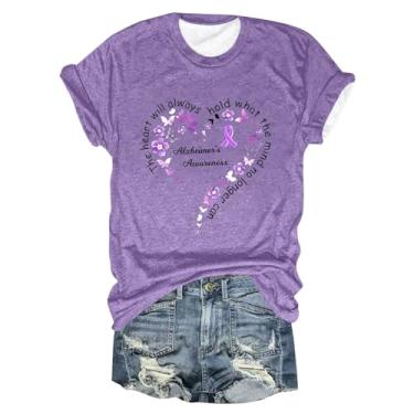 Imagem de Camiseta feminina de conscientização de Alzheimer, casual, roxo, floral, coração, estampada, verão, gola redonda, manga comprida, túnica, Bege, P