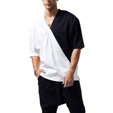 Imagem de CJFZKJDI Camisetas Masculinas com Decote Em V – Camisetas Macias com Ajuste Solto e Bloqueio de Cores da Moda – Resistentes a Rugas e Respiráveis,White,S