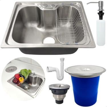 Imagem de Dona D.cor, Kit Cozinha Cuba Gourmet Inox 304 50x40 Com Lixeira De Embutir 5 Litros Porta Detergente 500ml Valvula E Sifão Flexivel Universal Kit Pia 5 Peças