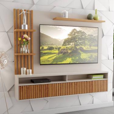 Imagem de Painel para TV Até 65 Polegadas Chandon com ripado 1 Porta 3 Prateleiras Off White/Cobre - Casa Giulia