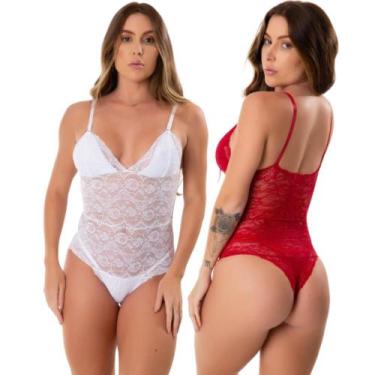 Imagem de Kit 2 Body Feminino De Renda Transparente Decotado Costa Nua Uma Alça 
