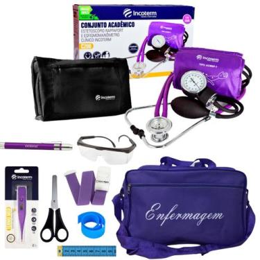 Imagem de Kit de enfermagem roxo com esfigmomanômetro e estetoscópio - Incoterm