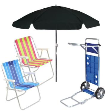 Imagem de Kit Praia 2 Cadeira Alta Guarda Sol 2m Bagum Preto Carrinho De Praia C