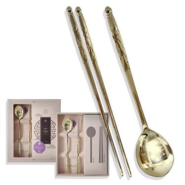 Imagem de Balwoo [Feito na Coreia] Conjunto de hashis de colher de arroz pegajosa com design de bambu banhado a titânio dourado 304 colher de sopa de aço inoxidável 304 pauzinhos de macarrão ramen (5 conjuntos)