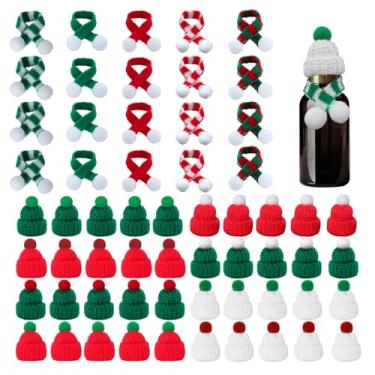 Imagem de 60 mini chapéus de tricô de Natal, conjunto de mini cachecol de Natal, chapéus de boneco de neve pequenos para artesanato, decoração de arte, boneca de árvore de Natal, faça você mesmo, garrafa de