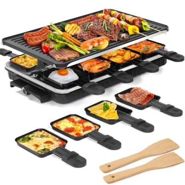 Imagem de Grelha elétrica interna 2 em 1 + 8 formas de queijo raclette e 2 espátulas de madeira, controle de temperatura ajustável, churrasqueira antiaderente, para família e festa