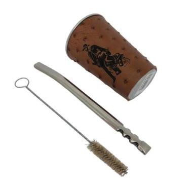 Imagem de Kit tereré cuia copo redondo alumínio revestido de couro modelo avestr