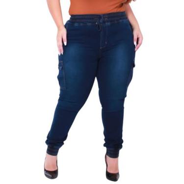 Imagem de Calça Jogger Plus Size Feminina Jeans com Bolso Cargo Lavagem Escura -