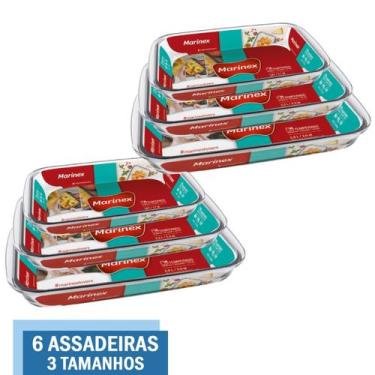 Imagem de Kit 6 Assadeiras Retangulares Vidro 1,6L 2,2L 2,9L Marinex