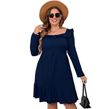Imagem de KOJOOIN Vestido feminino plus size com babados e manga comprida, gola quadrada, elástico, cintura alta, vestido midi, Azul marinho, 3G