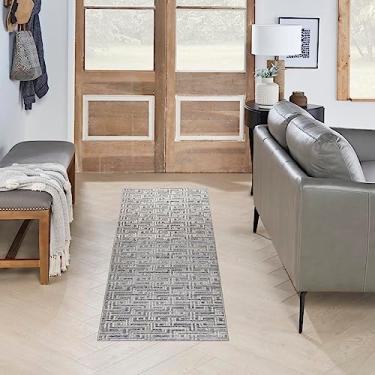 Imagem de Nourison Serenity Home Tapete geométrico azul marfim 60 cm x 19 cm, limpeza fácil, sem queda, quarto de cama, sala de estar, sala de jantar, quintal, deck, pátio (2x8)