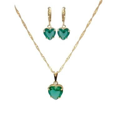 Imagem de Conjunto colar e Brinco Pedra Verde Oliva Folheado Ouro 18k Antialérgico