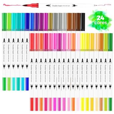 Imagem de Caneta Brush Pen Ponta Dupla Kit 24 Cores 2 em 1, Pontas Pincel e Fina, Canetinha Colorida para Lettering, Escolar, Desenho, Caligrafia, para Colorir e Detalhes