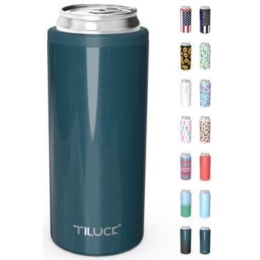Imagem de TILUCK Cooler de lata skinny para cerveja fina e seltzer duro, aço inoxidável, latas finas isoladas de aço inoxidável de parede dupla, padrão de 355 ml (Glitter índigo)
