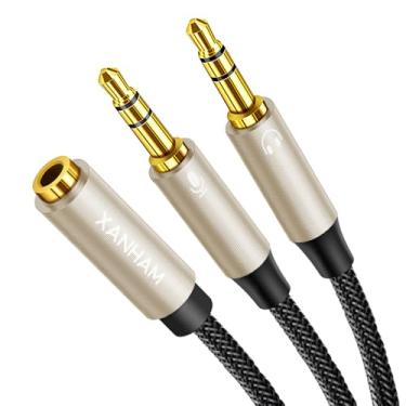 Imagem de XANHAM Divisor de fone de ouvido de 3,5 mm para computador em forma de Y 1/8 polegada Aux 2 TRS macho para 1 TRRS fêmea microfone e áudio 4 polos, cabo adaptador de fone de ouvido estéreo compatível