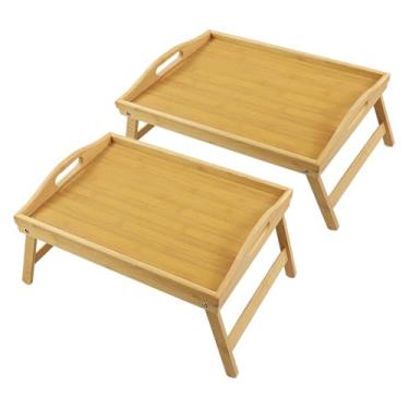 Imagem de WKWKER Bandeja de cama de bambu com pernas dobráveis, conjunto de 2 bandejas dobráveis para laptop, bandeja de lanche, bandeja de café da manhã, mesa de desenho, bandejas de café da manhã para cama