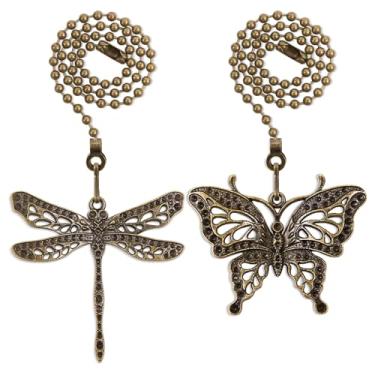 Imagem de Dotlite Conjunto de corrente de puxar para ventilador de teto, extensão decorativa de corrente de puxar, 30 cm de iluminação e ventilador de bola com contas extensora de corrente com conector, libélula e borboleta, pacote com 2 (bronze)