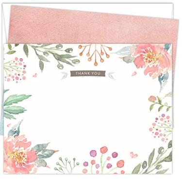 Imagem de Koko Paper Co Cartões de agradecimento florais rosa | 25 cartões e envelopes planos | Impresso em cartolina pesada.