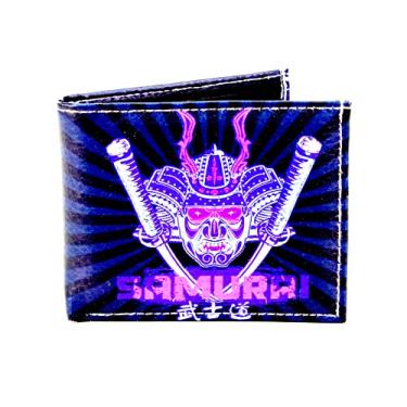 Imagem de Carteira com estampa de anime com caixa de presente combinando | Carteira dupla de couro fina | 2 janelas para identidade e 7 porta-cartões |.., Preto, Máscara de samurai com espada