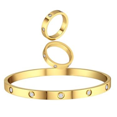 Imagem de KARCCI Pulseiras de ouro anéis de ouro pulseira de aço inoxidável anéis de zircônia cúbica dobradiça oval pulseira anel banhado a ouro para mulheres anel de amizade conjunto de joias presentes
