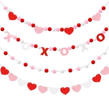 Imagem de ZhowHoHo 4 Peças De Faixa De Feltro De Coração Para O Dia Dos Namorados, Faixa De Feltro Rosa Xoxo, Guirlanda De Bolas De Pompom Branco Para O Dia Dos Namorados, Faixa Pendurada Para Pendurar No Dia
