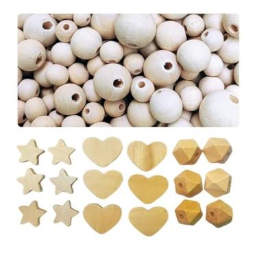 Imagem de Conta Madeira Pérola Bola 12 14 e 16mm + Coração Estrela e Poligonal Kit 318pçs Miçanga Missanga Artesanato