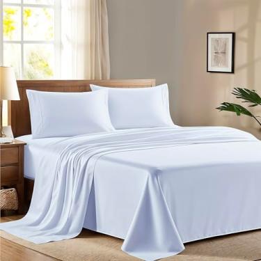 Imagem de Ashton Sheets Jogo de cama Queen Size 100% algodão egípcio - Conjunto de lençóis de algodão egípcio 600 fios para cama queen size (4 peças, azul claro), macio, refrescante, lençol de cetim com bolso