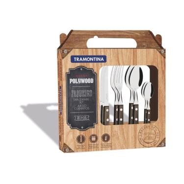 Imagem de Faqueiro 24 peças polywood castanho sortidos com laminas de aco inox E cabos de madeira tramontina