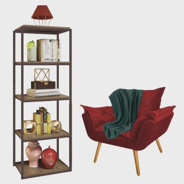 Imagem de Kit Poltrona Fatte com Manta Soft Verde e Estante Livreiro Ferro Marrom mdf Rústico Sue...